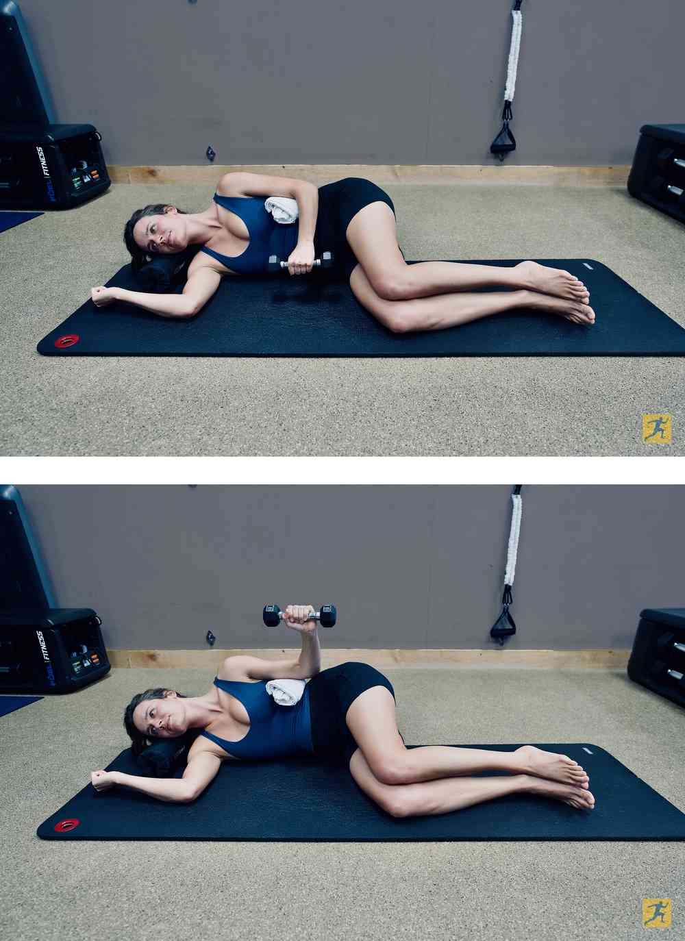The starting and ending positions of a side-lying shoulder external rotation exercise