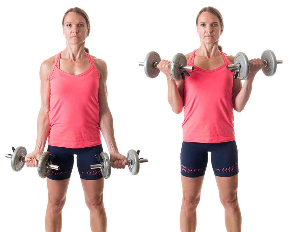 Woman demonstrating a bicep curl exercise