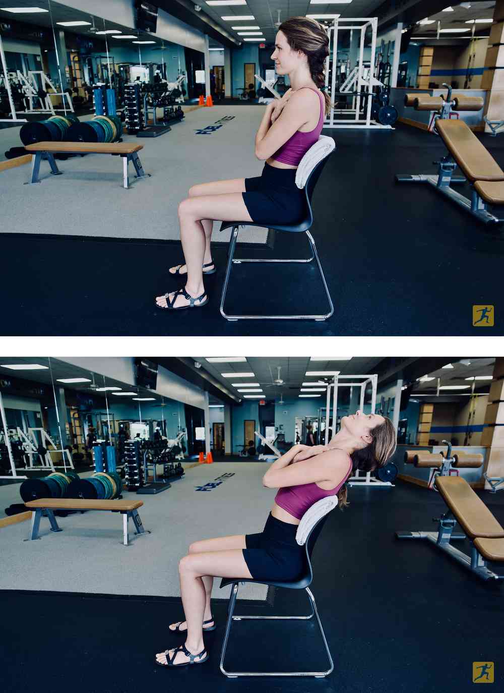 The starting and ending positions of a thoracic extension exercise